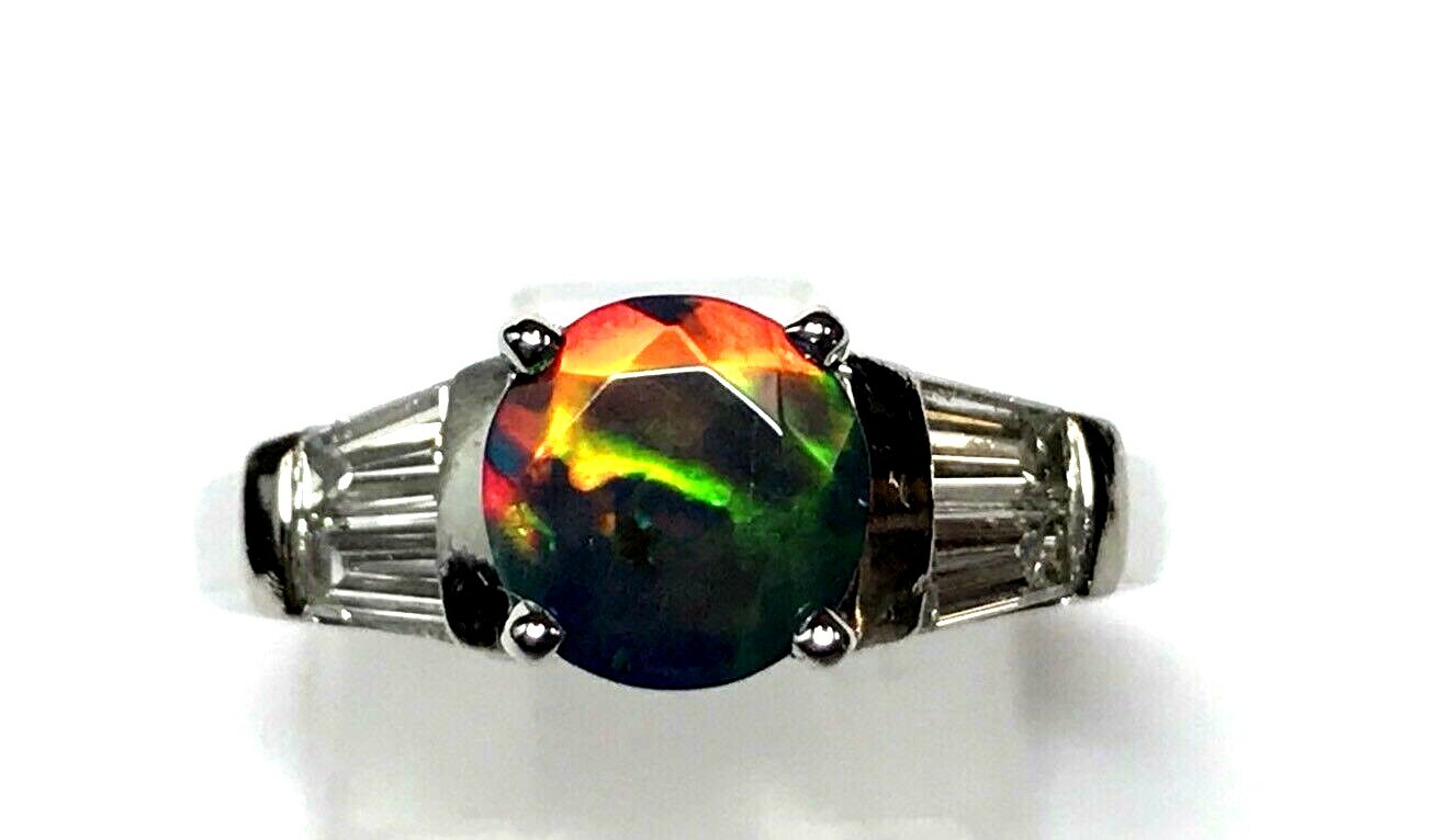 UNIQUE PLATINUM DIAMOND ROUND CUT ETHIOPIAN BLACK FIRE OPAL ENGAGEMENT RING SZ 6