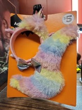 Unicorn 3 pc Fuzzy Halloween Costume Set Headband Tail Bowtie Pastel Color Soft
