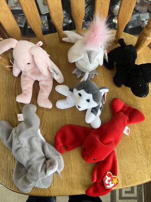 Ty Beanie Babies Lot Of 6 With tags Rabbit Lobster Dog Parrot Bird Cat Squirrel