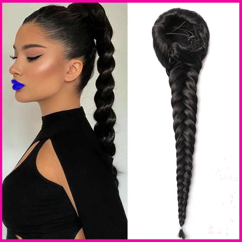  24 Inch Long Braided Ponytail Extension with Hair Tie, Braided  Ponytail Hair Pieces for Black Women Synthetic Hair Pony Tail Natural Black  Wrap Around Ponytail Hair Extension (24Inch, 1B) 