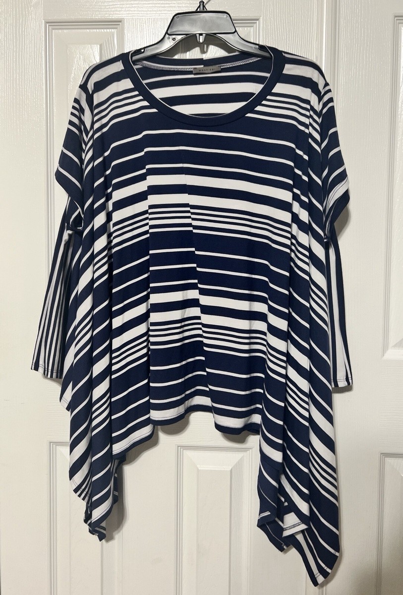 West Kei Blue White Striped Short Sleeve Asymmetrical Top Blouse