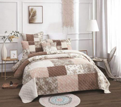 DaDa Bettwäsche Blumen Cottage Patchwork hellbraun rosa beige Baumwolle Steppdecke Bettwäsche Set - Bild 10 von 15