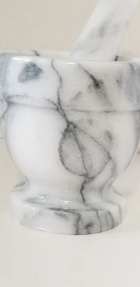 Аптекарская ступка и пестик мрамор высотой 4 дюйма серая/белая травяная медицина - Изображение 4 из 4