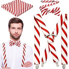 3 Pcs Christmas Men Suspenders Bow Tie with Pocket Square Red White Candy Cane