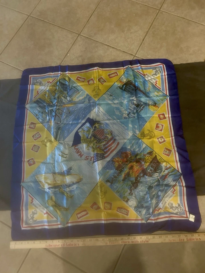 Винтажный шарф из 100% шелка 1950-е неиспользованные корабли самолеты ВМС США - Изображение 3 из 4