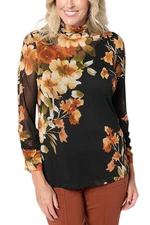 Susan Graver Women's Printed Mesh 3/4-Slv Ruched Mock Neck Top Spice