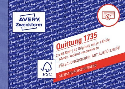 1735 Quittungsblock A6 quer, 2x40 Blatt, selbstdurchschreibend, fälschungssic...