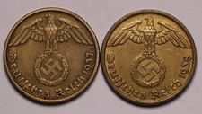 1937 D & 1938 D  Germany 10 Reichspfennig Coins (2) KM# 92