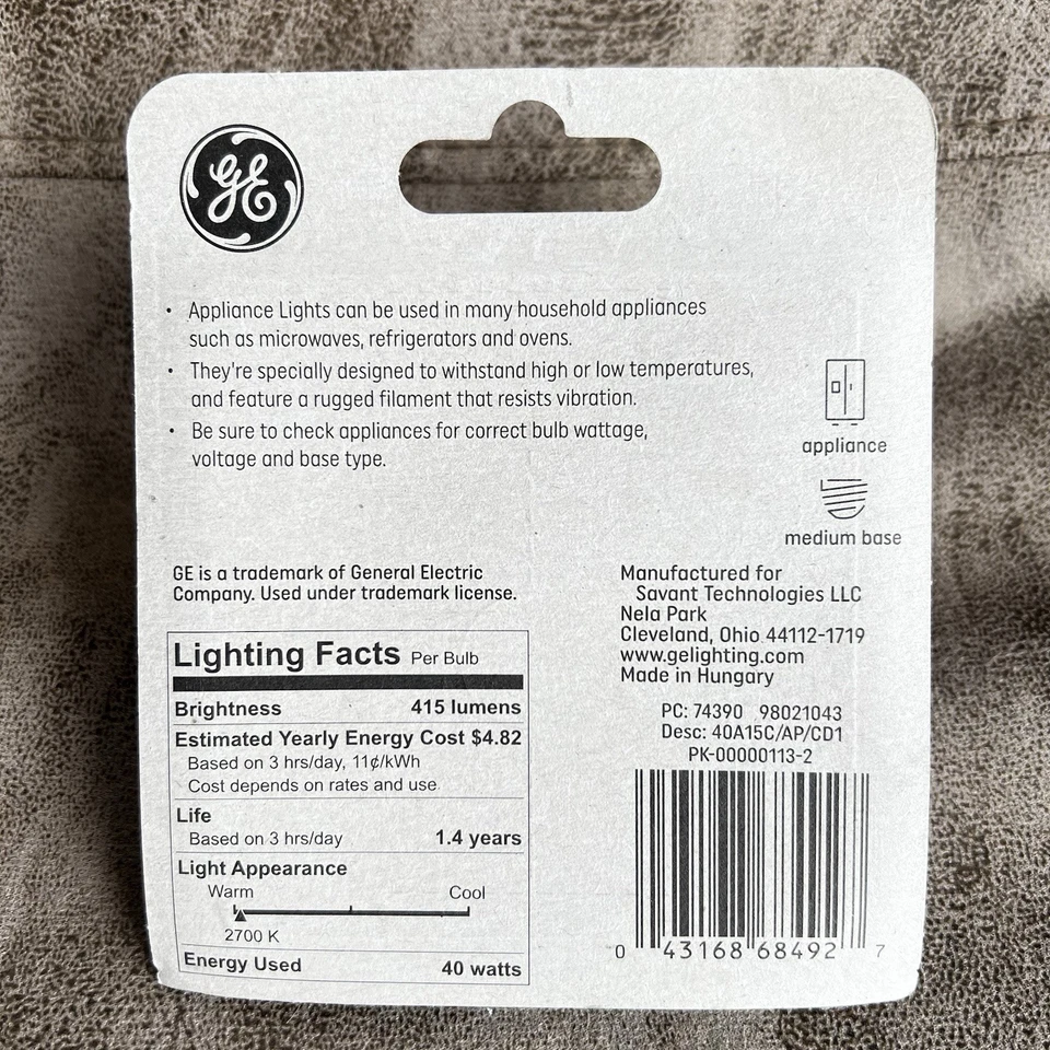 GE 40 Watt A15 Medium Base Appliance Light Bulb 40A15C/AP/CD1 - Image 2 of 2