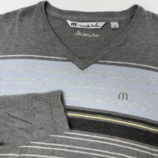 Travis Mathew Mens XL Gray Striped V-Neck Pullover Golf Sweater Rayon Blend