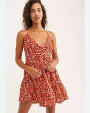 Free People Intimately Mini Dress Women’s M Red Coral Floral Halter Boho Flowy