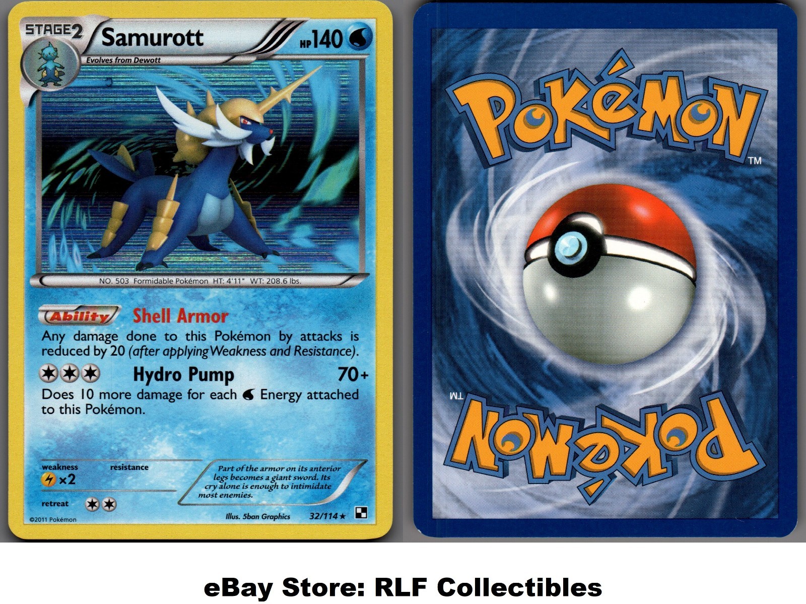 2011 Pokemon, Black & White Base, #32/114 Samurott, Holo Rare