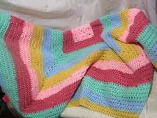 Vintage Afghan Blanket Knit Handmade Crochet Baby Throw 47"x42  Bright Pastels