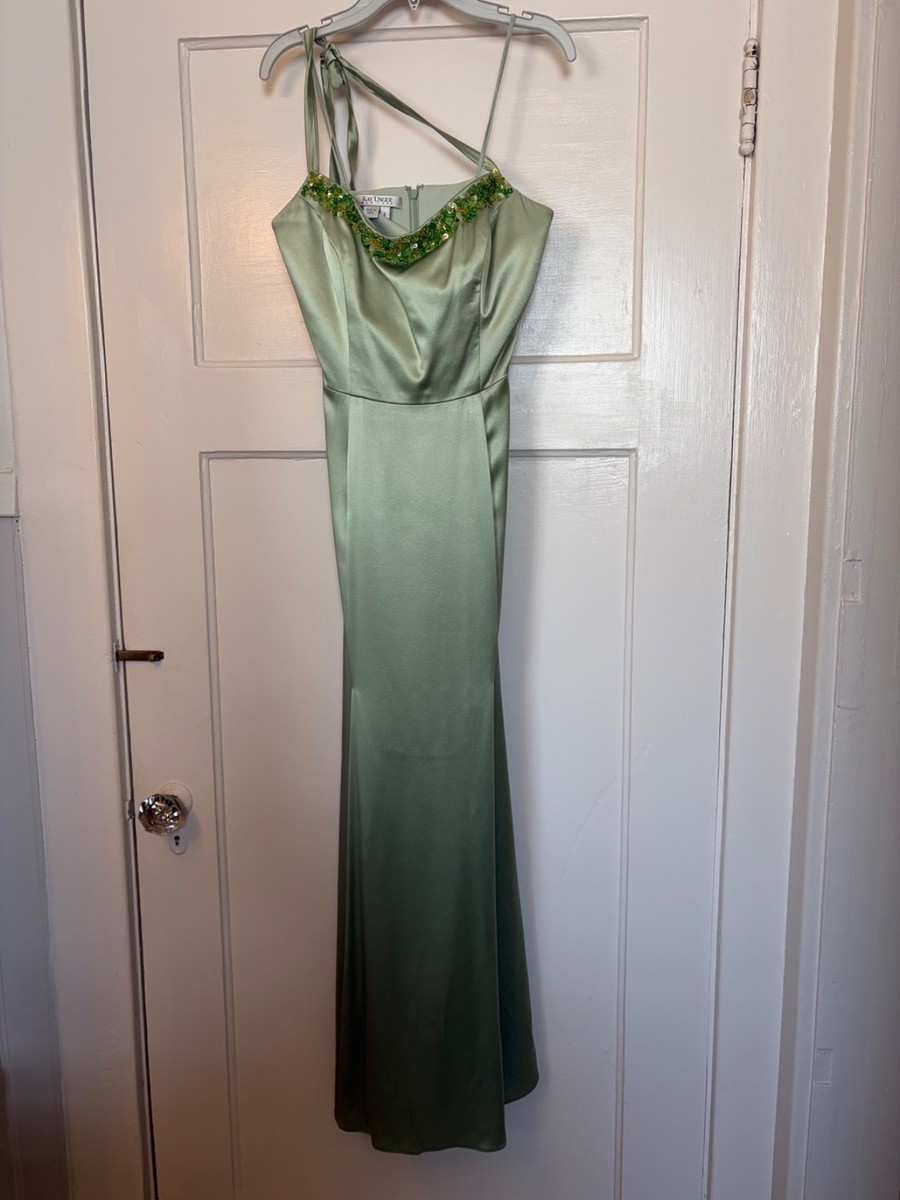 kay unger green dress Satin Halter Evening Gown with Beaded Neck Size 4 Rosalind gown