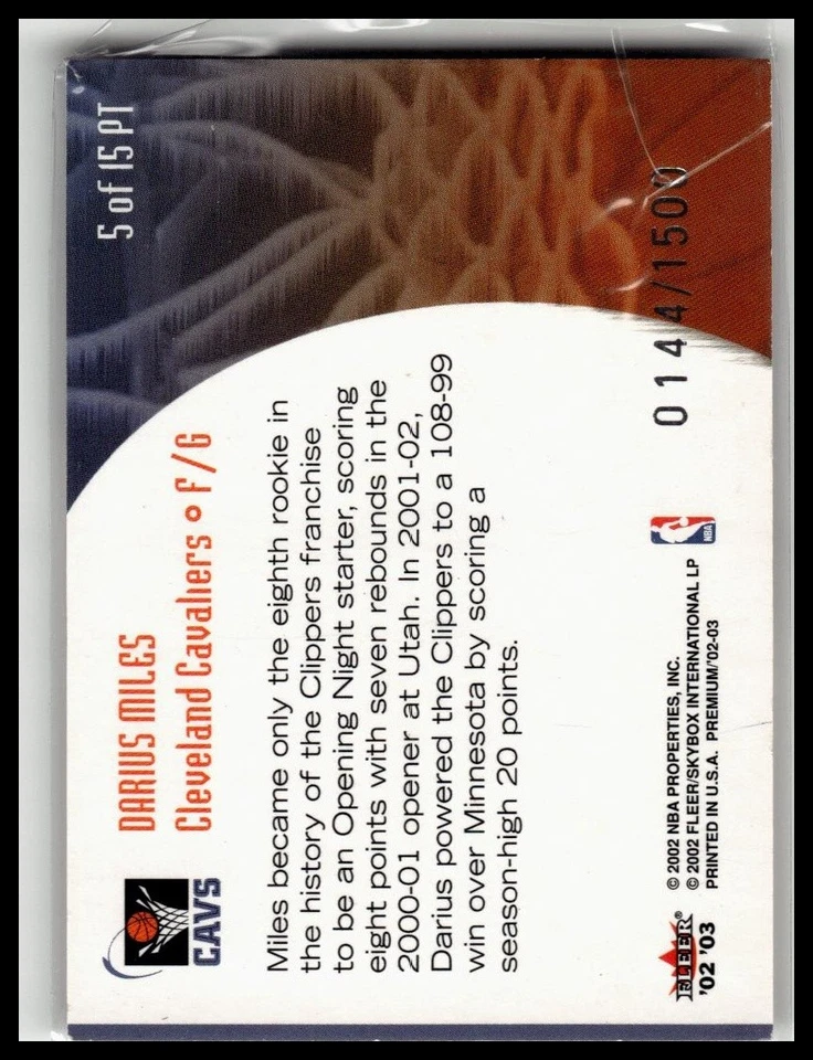 2002-03 Fleer Premium Darius Miles Prime Time #/1500 #5 PT - Image 2 of 2