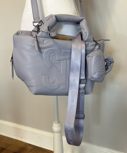 NWT Steve Madden Puffer Crossbody Tote Handbag w/ Change Purse & Lanyard Purple - Picture 15 of 19