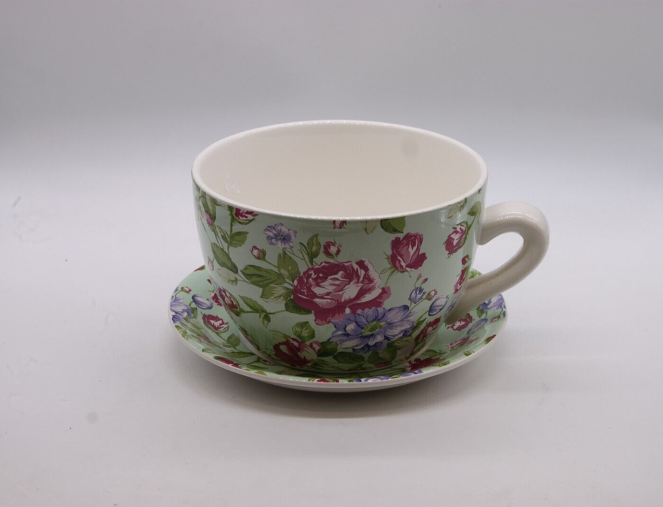 TEA CUP PLANT POT Oversized Ceramic Green Floral Patterned Planter with