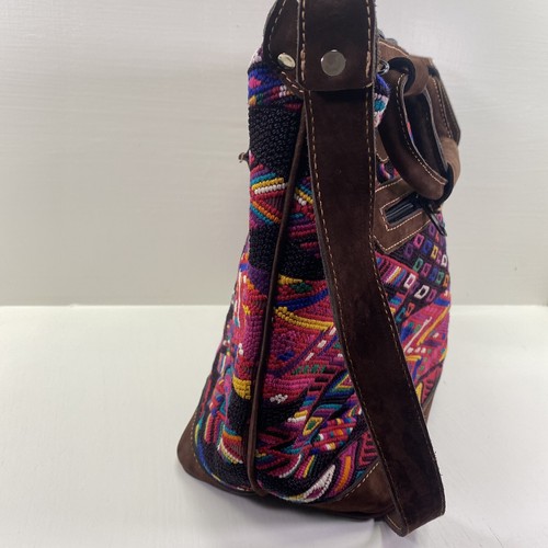 Handmade Huipil Overnight Tote Bag Suede Leather Aztec Boho Crossbody Adjustable - Picture 11 of 12