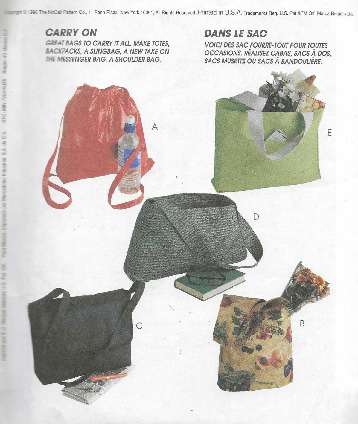 Women's Large Messenger Bag Backpack Market Tote Sewing Pattern UNCUT