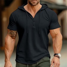 Mens Casual Hoodie T Shirts Short Sleeve Button Tops Blouses Hooded Henley Shirt