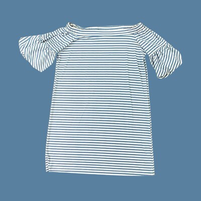 Donna Morgan Womans Stretchy Dress Size 8 Stripe White Blue Casual Off Shoulder 