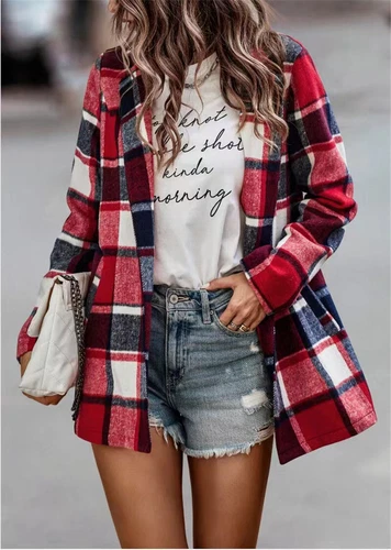 Women's loose checkered printed long sleeved cardigan- - Foto 2 di 24