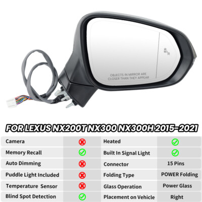 Right Grey Side Mirror W/Blind Spot 15Pin For Lexus NX200t NX300