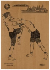 Thai traditional art of Thai boxing by printing on sepia paper.