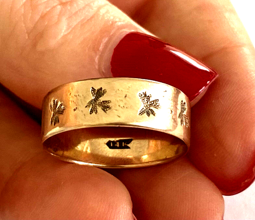 Antique 14K Solid Light Rose Gold Etched Leaf Ladies Ring Band Size 7.25 - Picture 6 of 18