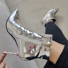 Women Ankle Boots Shiny Mirror Silver Side Zip 9CM Thin High Heel Boots Shoes