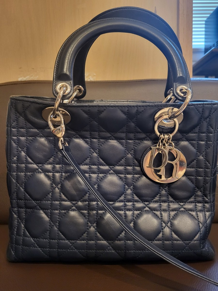 CHRISTIAN DIOR Lambskin Cannage Medium Lady Dior Navy Blue | eBay