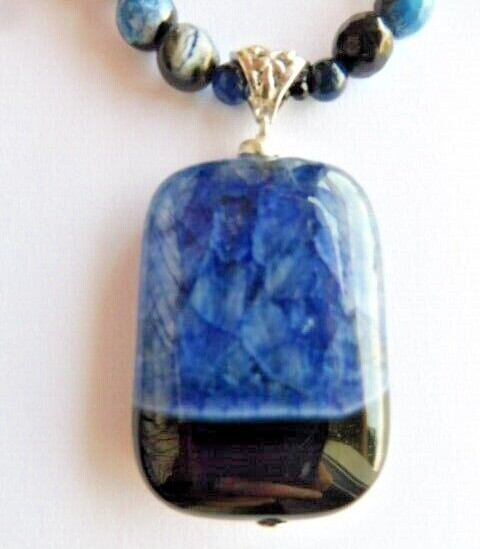 Collier agates bleu et noir véritable, tour de cou argent massif
