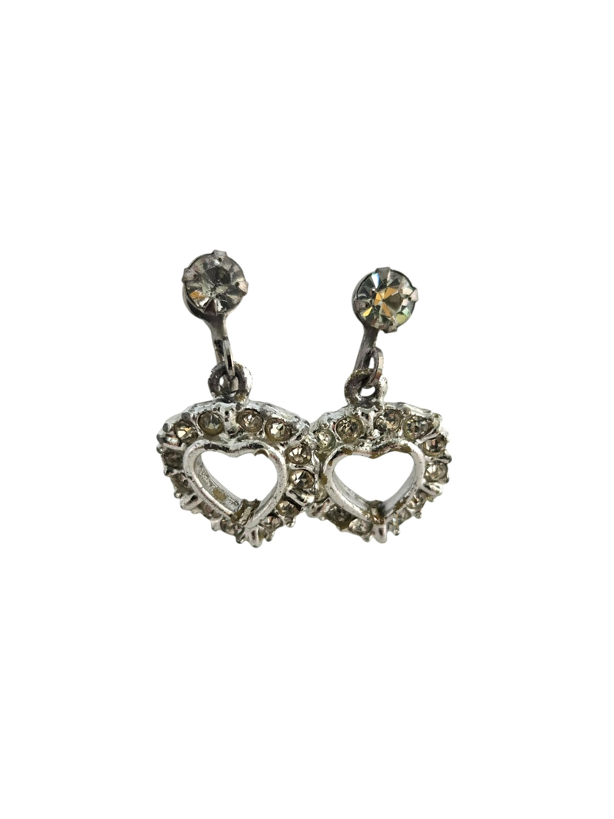 Vintage Silver Tone Drop/Dangle Rhinestone Heart Screwback Earrings