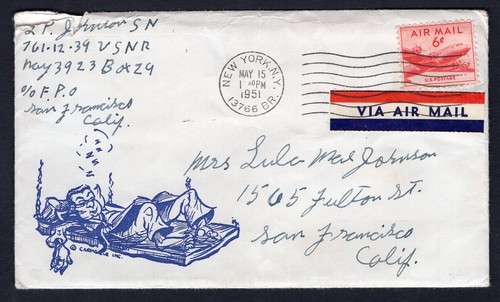 USA Military Navy 1951 ILLUSTRATED Cover with Letter. Korean War Period. USNR - Picture 2 of 4