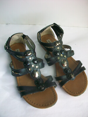 American Eagle Girls Gladiator Sandals Flat Sz 4 Black Strap Faux Crystal Shoes 