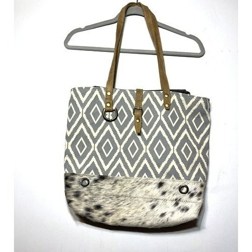 Myra Bag Western Shoulder Vacation Tote with Leather Cowhide Canvas