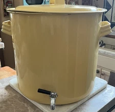 Vintage Large Yellow Enamel Drink Dispenser w/ Lid Handles Spigot White Interior