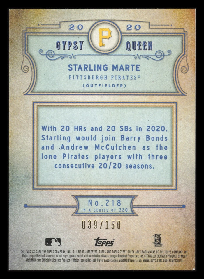 Starling Marte 39/150 Indigo Refractor 2020 Topps Gypsy Queen #218 Pirates - Image 2 of 2