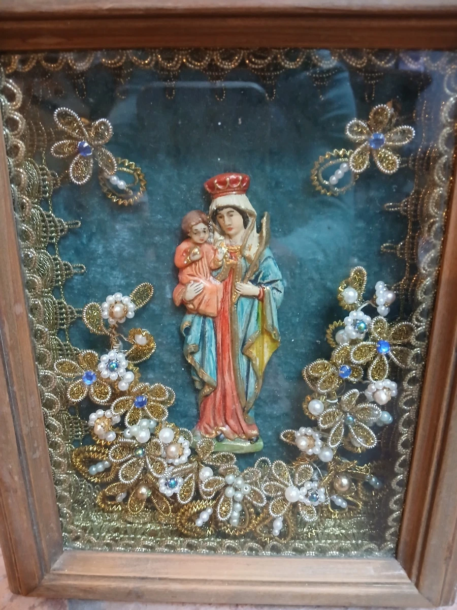 Klosterarbeit Hl. Maria mit Kind Religion Volkskunst Klosterarbeit Holzrahmen