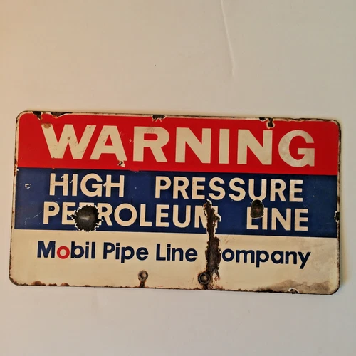 Mobil Pipe Line WARNING Sign 15" x 8" Vintage Metal/Porcelain