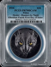 2024 Palau $10 2oz Silver Hunters by Night - Ocelot Black Proof PCGS PR70 FDI