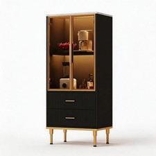 71" Glass Door Kitchen Pantry Cabinet Tall Storage Cabinet with Wave Pattern