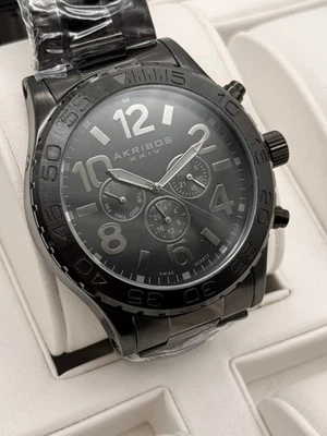 Akribos XXIV Quarz Chrono-Stil Herrenuhr Sportlich Edelstahl Schwarz Mit Box - Bild 1 von 4