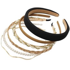 6 PCS Women's Headbands Set with Gold Metal, Pearls, Twisted Design, and Black