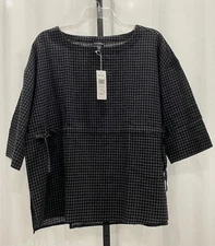 NWT! $248 Eileen Fisher XL 3/4 Slv Tunic Top Blk/Gray Check Wool/Cotton