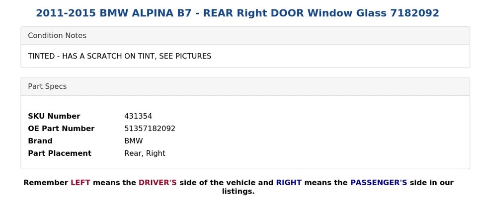 BMW ALPINA B7 2011-2015 - puerta trasera derecha ventana cristal 7182092 Foto 4 de 4