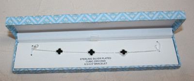 Sterling silver Plated Black onyx Clear CZ Clover shaped charms 7'' bracelet NIB