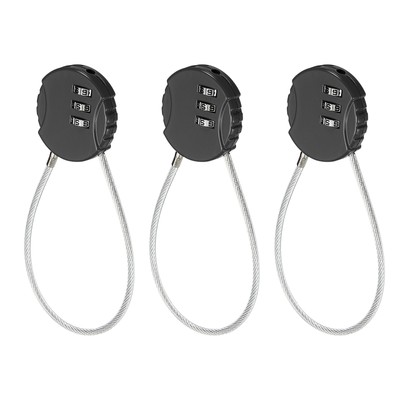 3 x Small Combination Locks 3 Digit Outdoor Code Padlocks Wires Ropes 8'' Black
