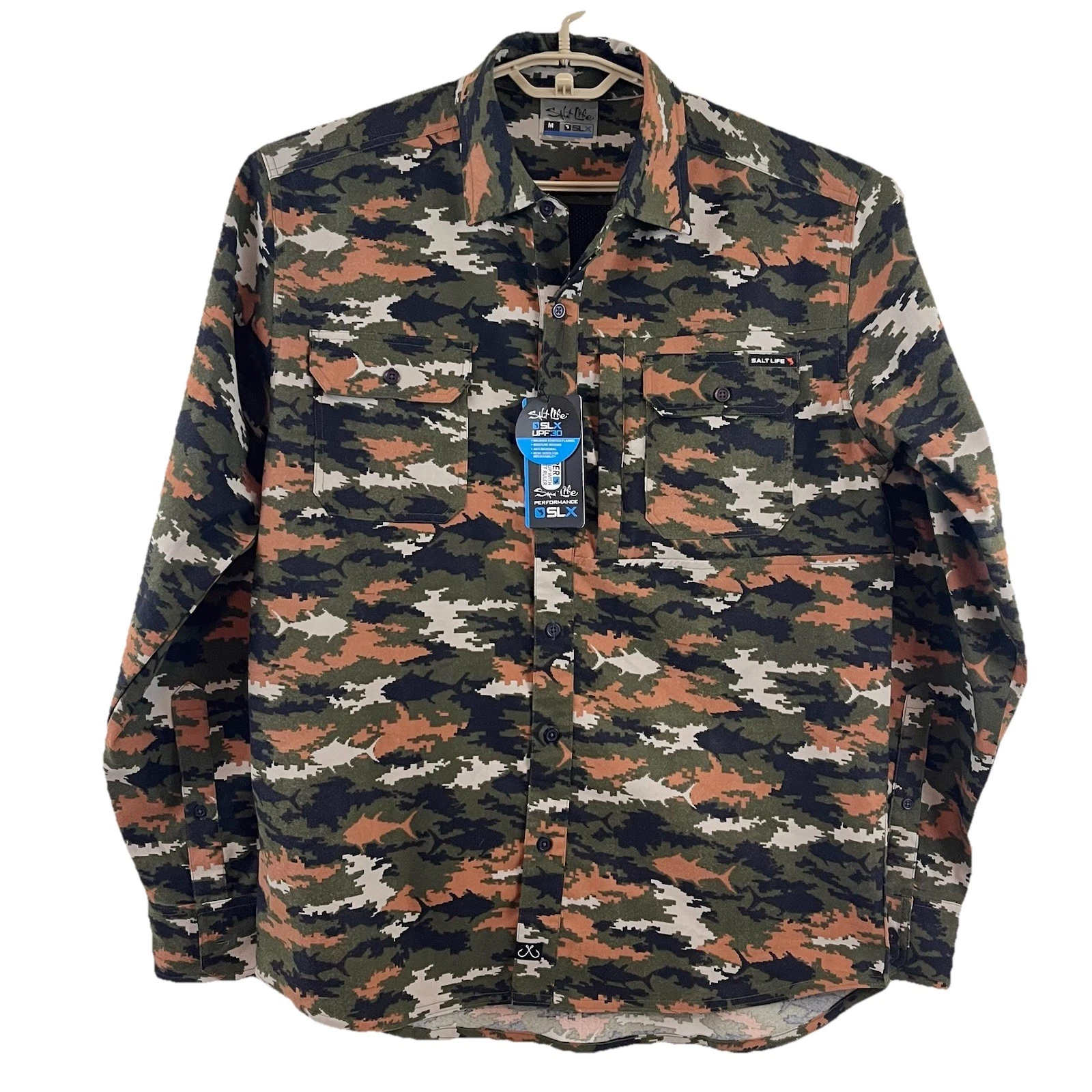 Salt Life Performance Fishing Shirt Mens M Army Green Camo Vented Stretch UPF 30