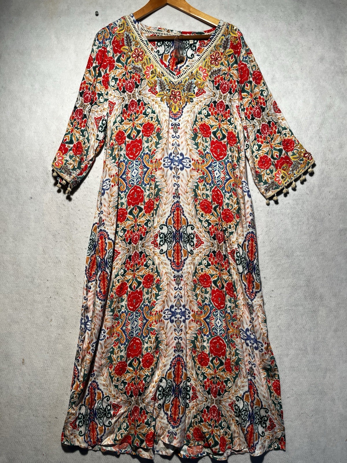 Soft Surroundings Ipanema Kaftan Dress Embroidered Beaded Maxi Boho Artsy Sz PL